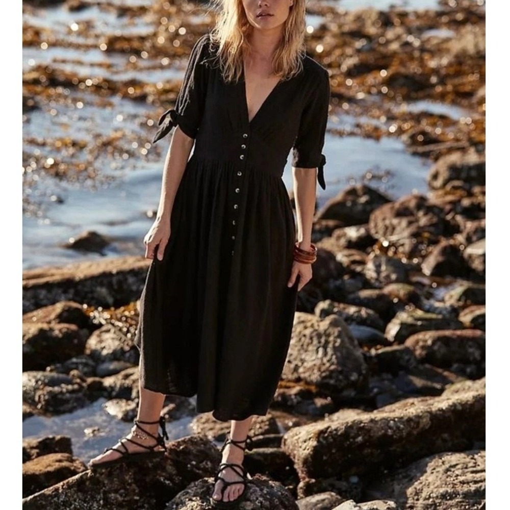 FREE PEOPLE Love Of My Life Tie Sleeve Button Down Cotton Midi Dress